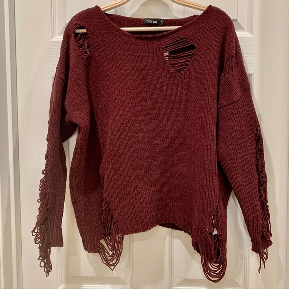 Boohoo Emma Maroon Distressed Chenille Jumper Sweater - Picture 2 of 10